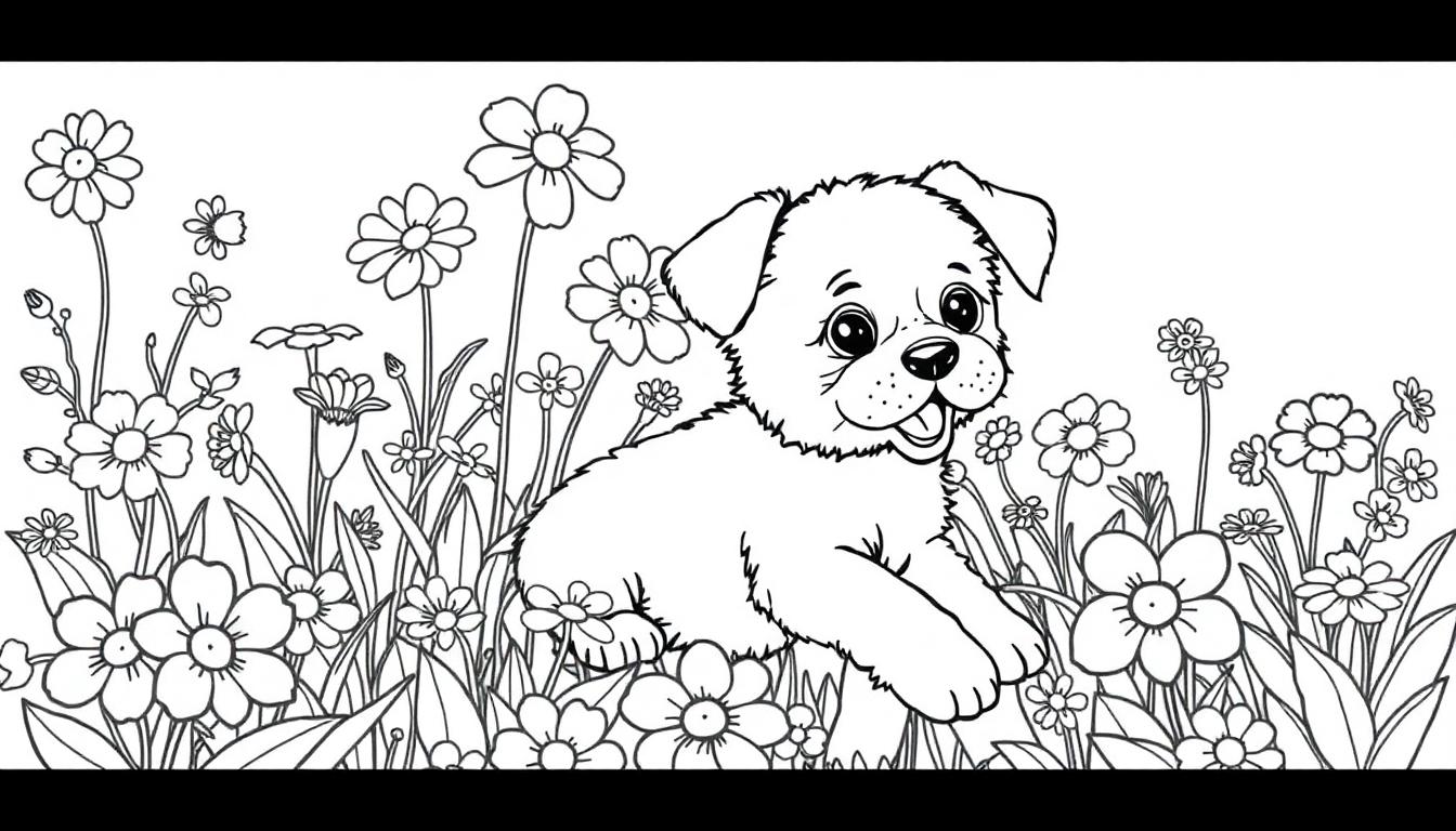 Zwart-wit kleurplaat van een schattige puppy in een bloemenveld, klaar om ingekleurd te worden, geschikt voor kinderen.