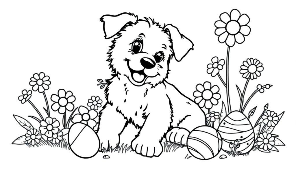 Kleurplaat van een vrolijke puppy die tussen bloemen en paaseieren zit, klaar om gekleurd te worden.