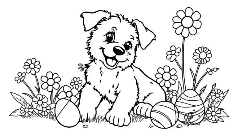 Kleurplaat van een vrolijke puppy die tussen bloemen en paaseieren zit, klaar om gekleurd te worden.