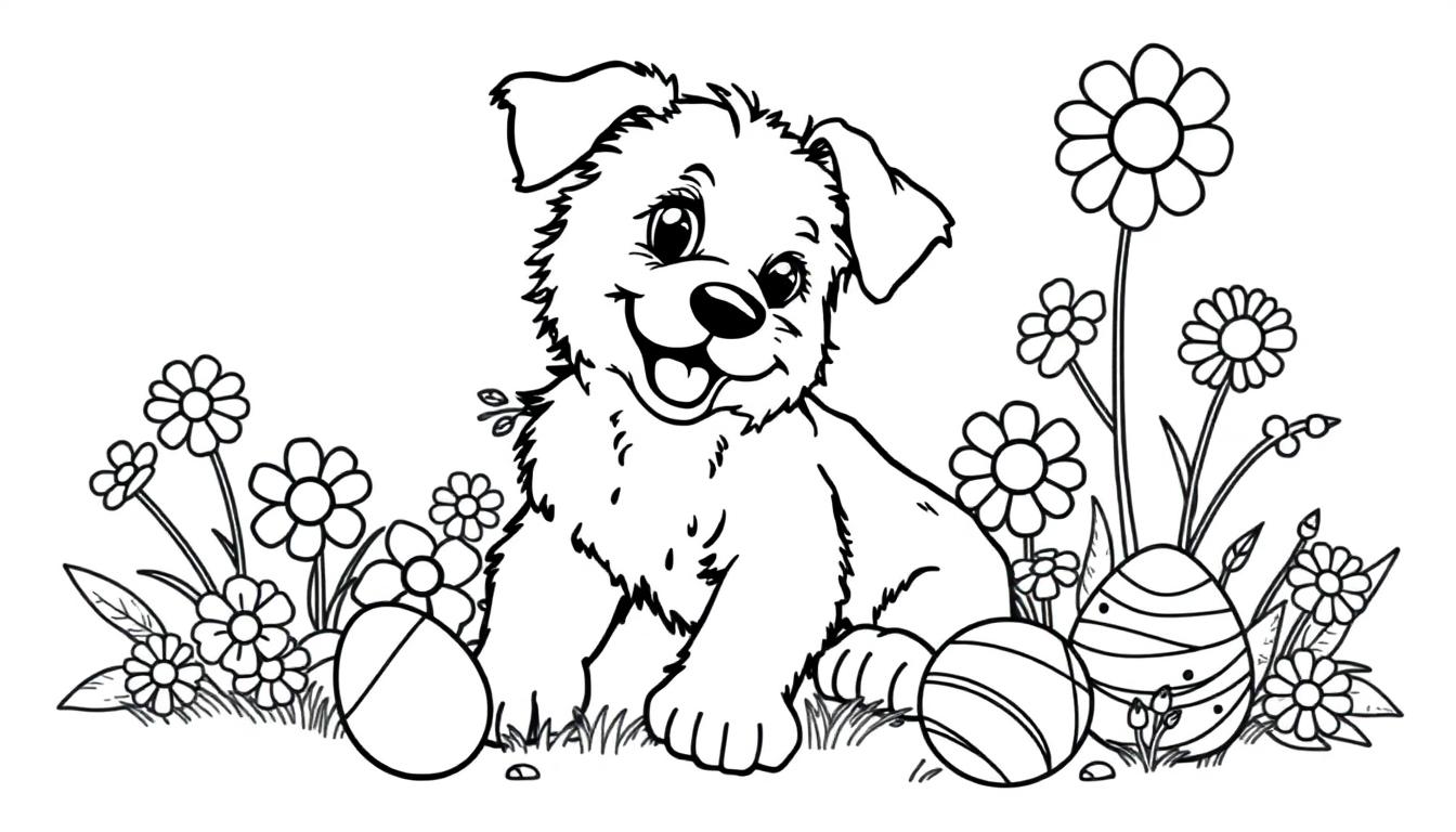 Kleurplaat van een vrolijke puppy die tussen bloemen en paaseieren zit, klaar om gekleurd te worden.