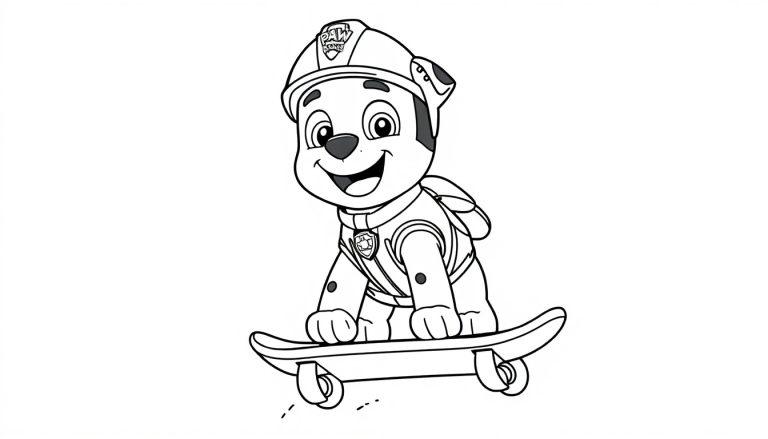 Kleurplaat van een vrolijke puppy op een skateboard met een uniform en hoed.