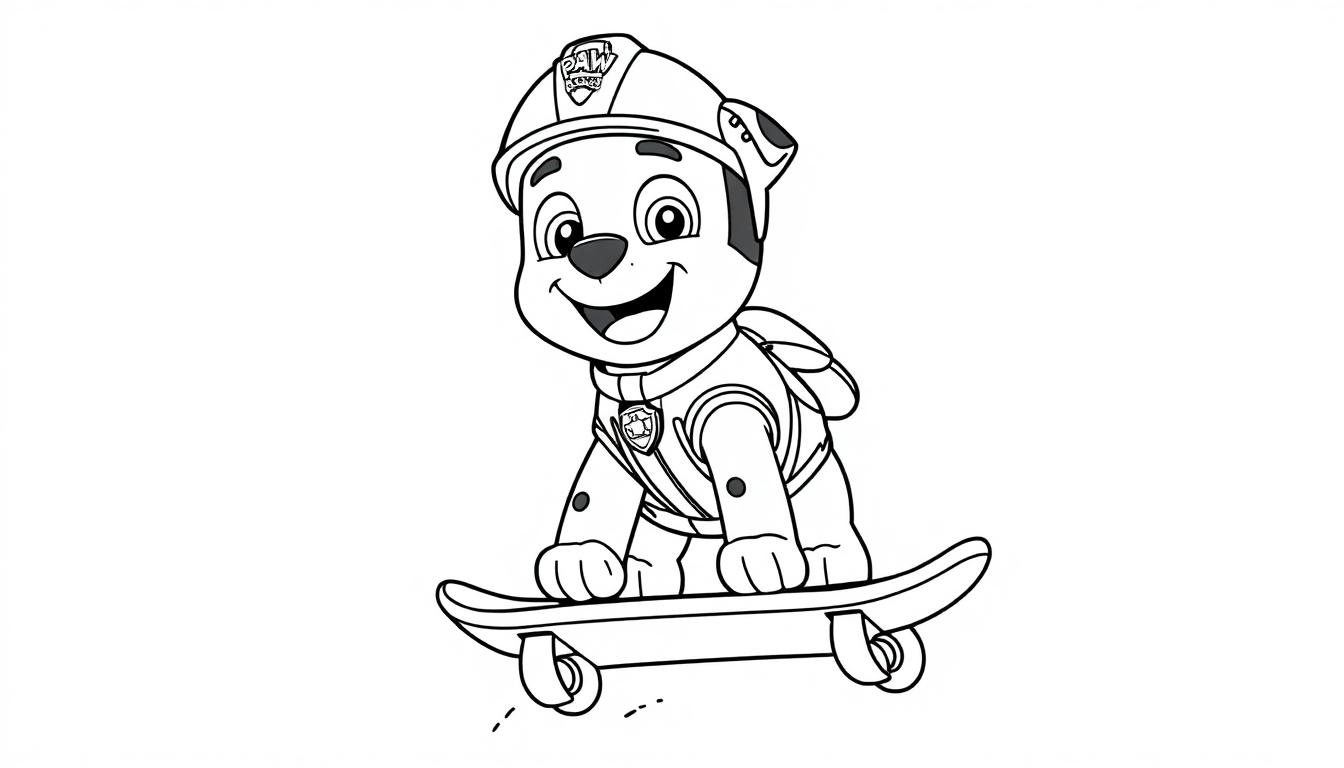 Kleurplaat van een vrolijke puppy op een skateboard met een uniform en hoed.