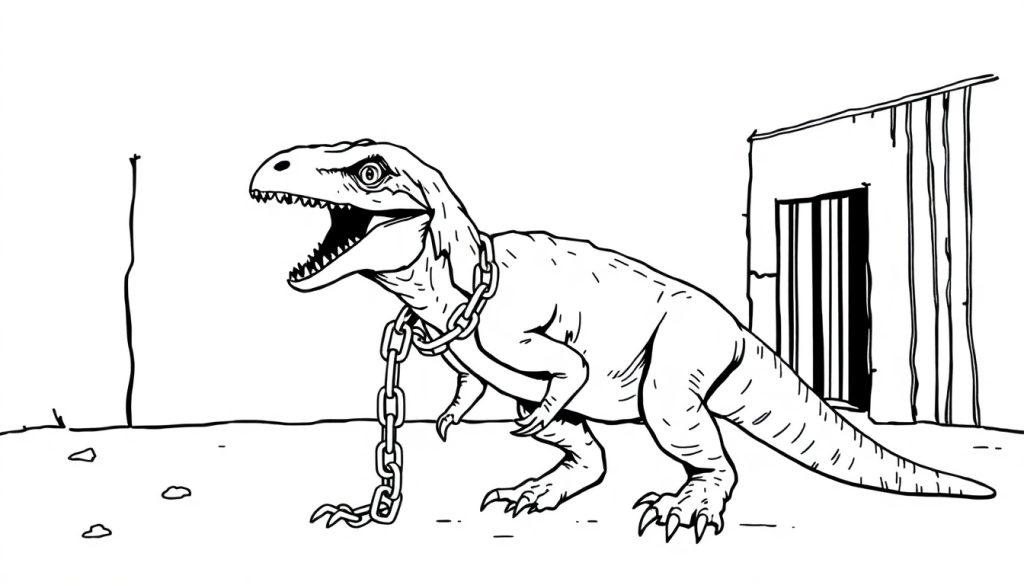 Zwart-wit kleurplaat van een dinosaurus met gebroken ketting die gevangen zit, voor kinderen.