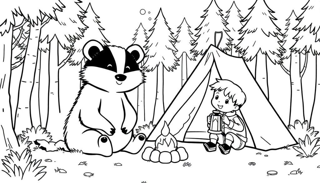 Kleurplaat van een vrolijke donkere das die samen kampeert met een kind in het bos. Het kind lachend voor een tent, met een lantaarn in de hand en een klein kampvuur tussen hen in. Op de achtergrond staan bomen. Een leuke knutsel voor kinderen!