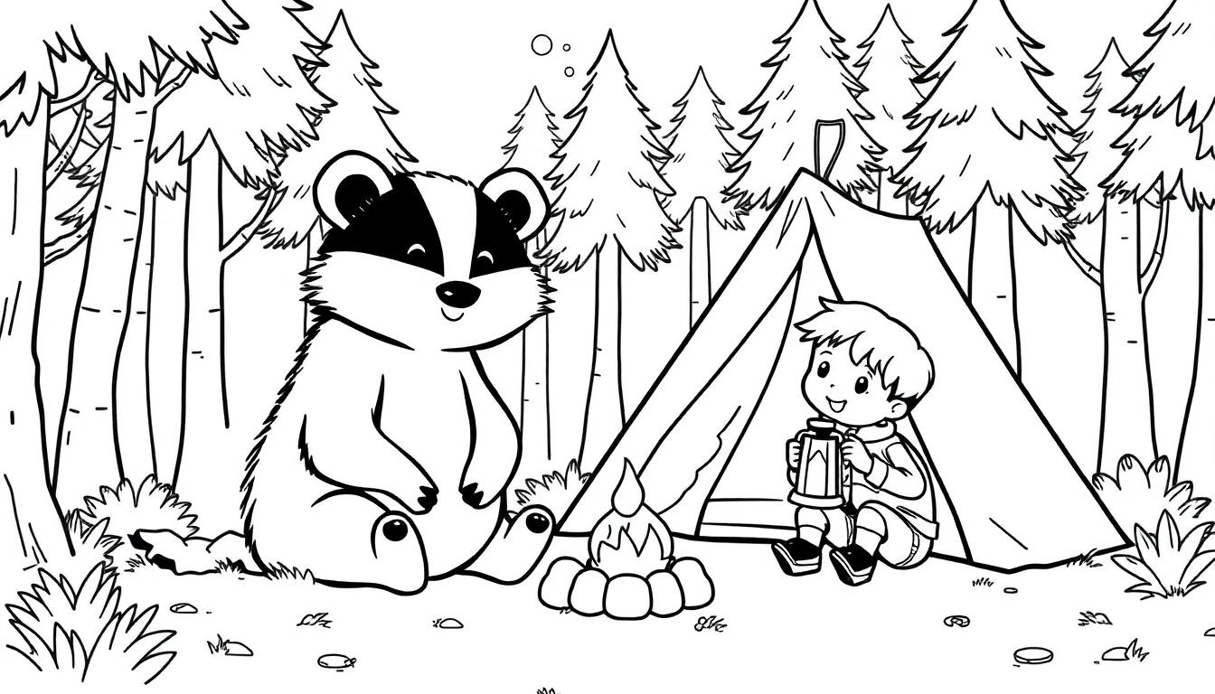 Kleurplaat van een vrolijke donkere das die samen kampeert met een kind in het bos. Het kind lachend voor een tent, met een lantaarn in de hand en een klein kampvuur tussen hen in. Op de achtergrond staan bomen. Een leuke knutsel voor kinderen!