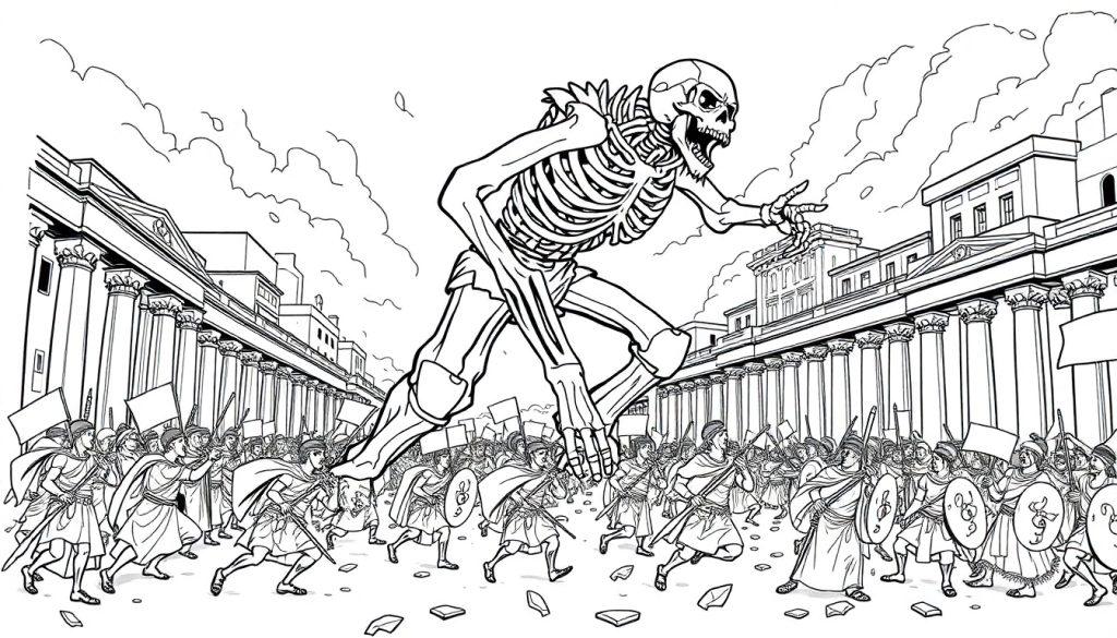 Zwart-wit kleurplaat van een grote, angstaanjagende skelet die de oude stad Rome onder chaos brengt, met strijders die zich klaarmaken voor de strijd.