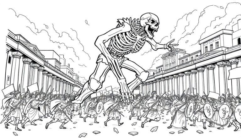 Zwart-wit kleurplaat van een grote, angstaanjagende skelet die de oude stad Rome onder chaos brengt, met strijders die zich klaarmaken voor de strijd.
