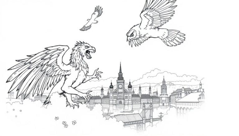 Een kleurrijke kleurplaat van een grote uil die Amersfoort vernietigt, met fantasiewezens en een stad op de achtergrond.