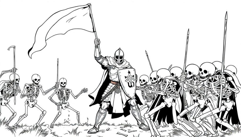 Kleurenplaat van een heldhaftige ridder die vecht tegen een groep skeletten in een fantasiegevecht.