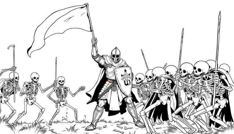 Kleurenplaat van een heldhaftige ridder die vecht tegen een groep skeletten in een fantasiegevecht.