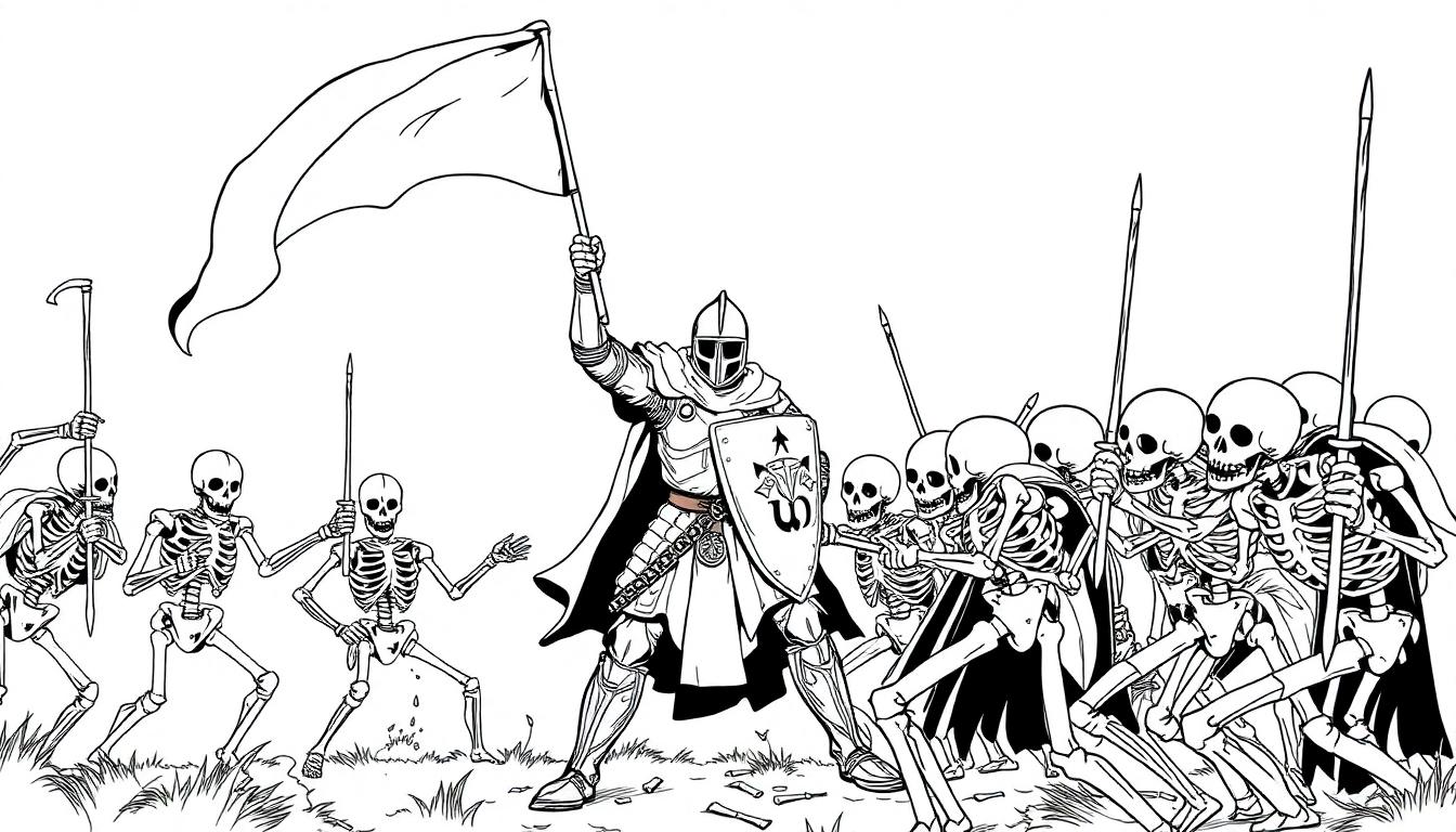 Kleurenplaat van een heldhaftige ridder die vecht tegen een groep skeletten in een fantasiegevecht.