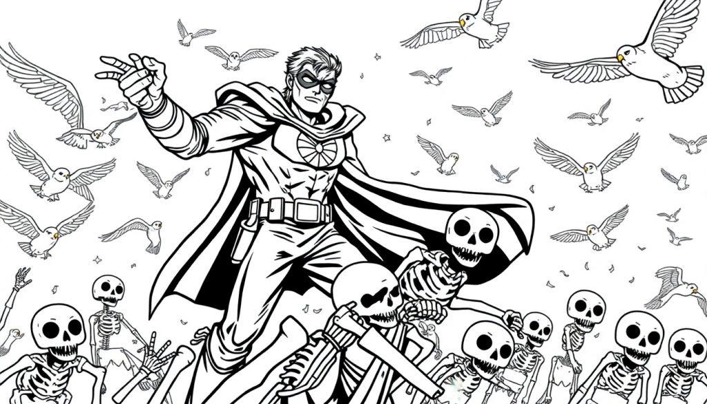 Een kleurplaat van een superheld die in de lucht vecht met skeletten tussen vliegende vogels, allemaal getekend in zwart-wit lijnen.
