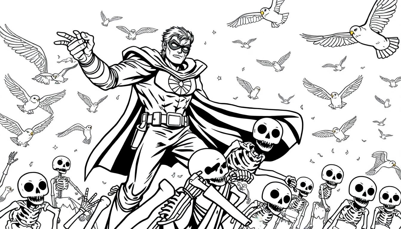 Een kleurplaat van een superheld die in de lucht vecht met skeletten tussen vliegende vogels, allemaal getekend in zwart-wit lijnen.