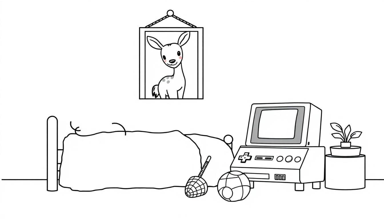 Kleurplaat van een minimalistische kamer met een bed, tv, speelgoed, planten en een schilderij van een hert, met een kleine krokodil en een Nintendo-console.