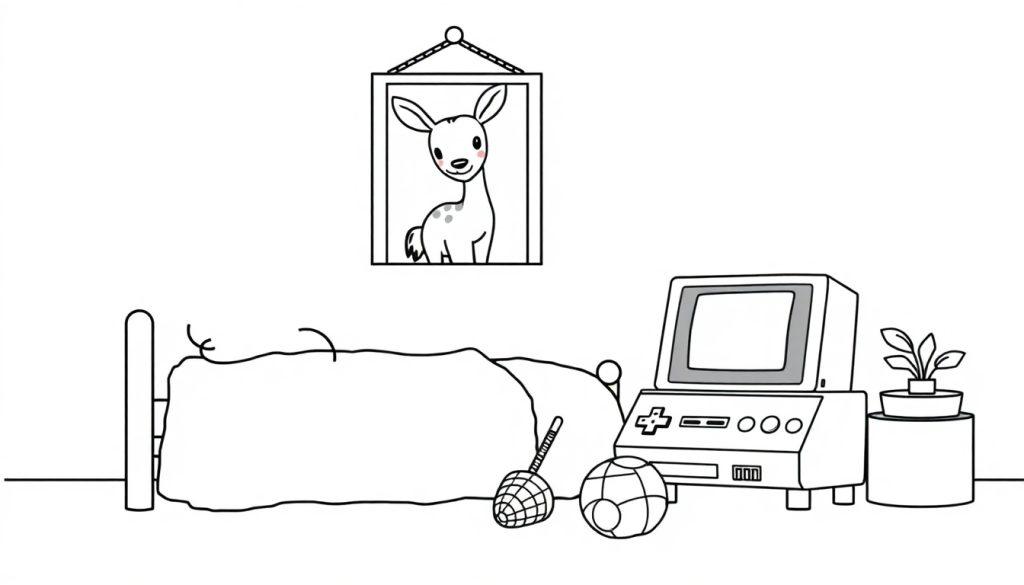 Kleurplaat van een slaapkamer met een bed, afbeelding van een hertje, bureau met computer, plant, speelgoedbal en schepnetje.