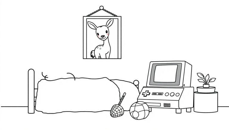 Kleurplaat van een slaapkamer met een bed, afbeelding van een hertje, bureau met computer, plant, speelgoedbal en schepnetje.