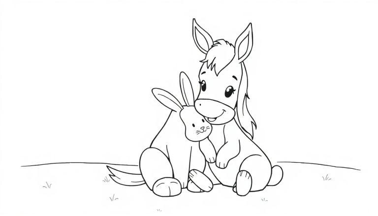 Kleurplaat van een schattige ezel en een konijn die samen vrolijk in het gras zitten, zwart-wit tekening voor kinderen.