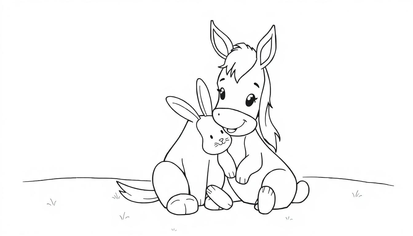 Kleurplaat van een schattige ezel en een konijn die samen vrolijk in het gras zitten, zwart-wit tekening voor kinderen.