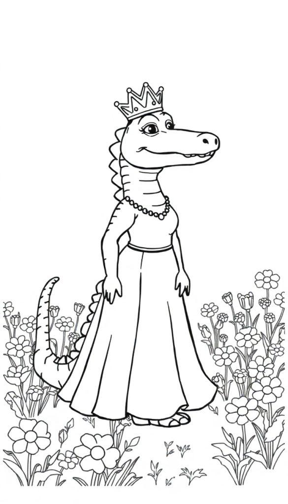 Kleurplaat van een lachende krokodil als prinses met kroon, lange jurk en bloemen eromheen