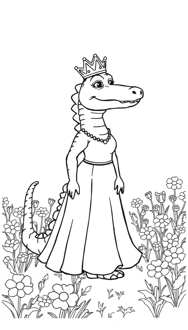 Kleurplaat van een lachende krokodil als prinses met kroon, lange jurk en bloemen eromheen