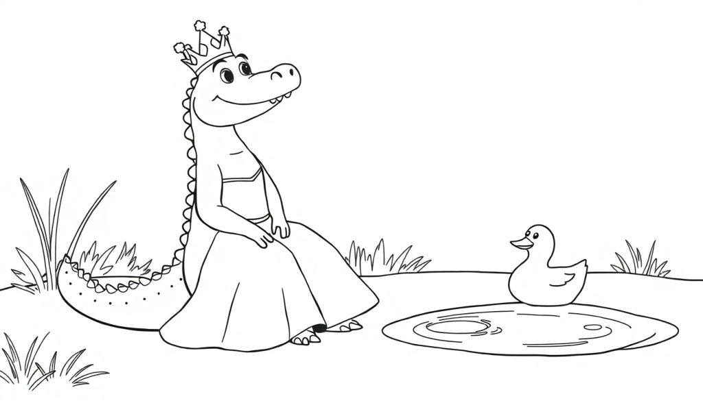 Kleurplaat van een prinses krokodil met kroon, lange jurk, zittend op het gras bij een plas water met een lachende eend.