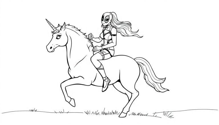 Kleurplaat van een vrouwtjes Deadpool op een elegante eenhoorn in beweging, met gras op de grond, perfect voor kinderen.