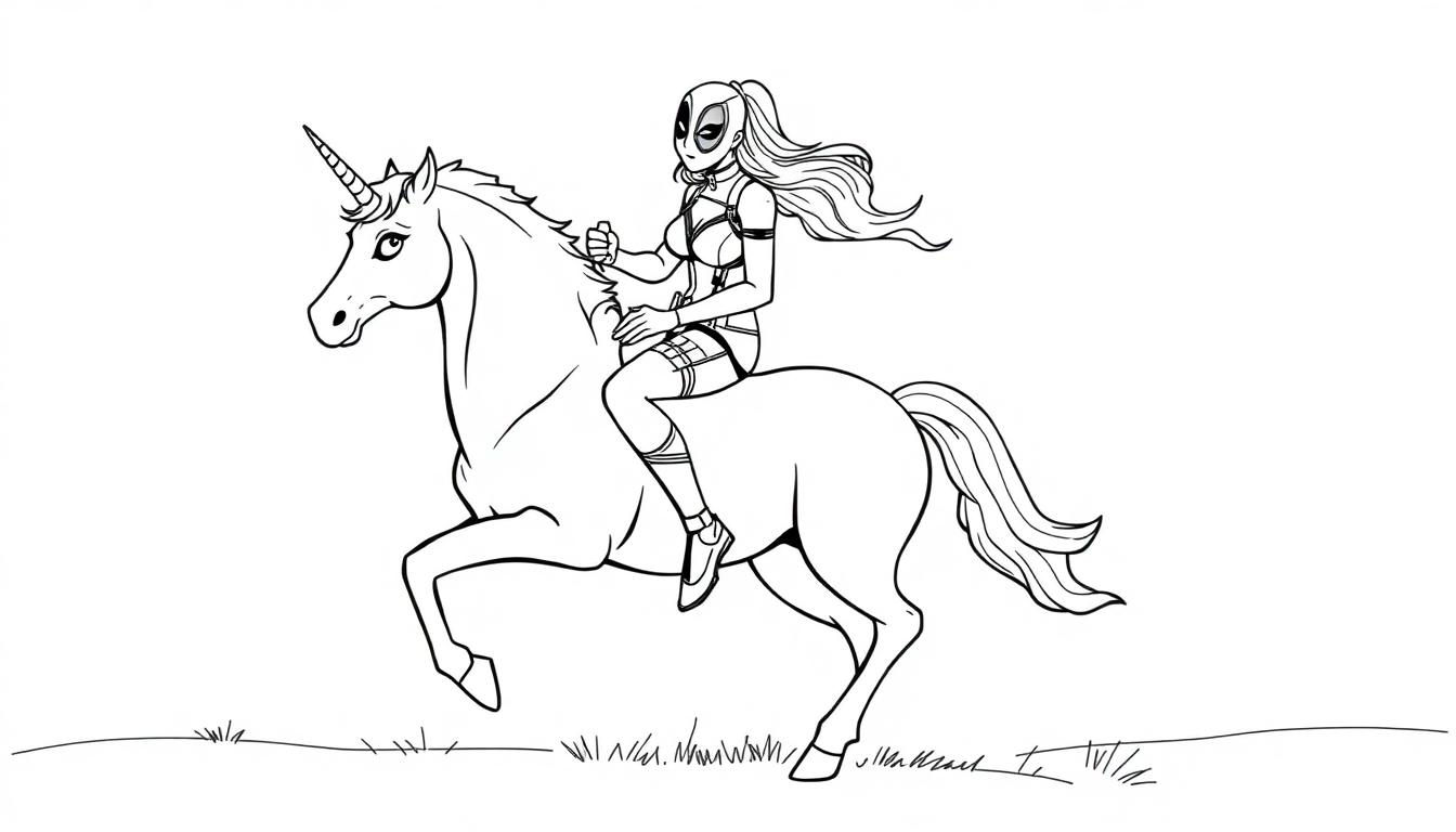 Kleurplaat van een vrouwtjes Deadpool op een elegante eenhoorn in beweging, met gras op de grond, perfect voor kinderen.