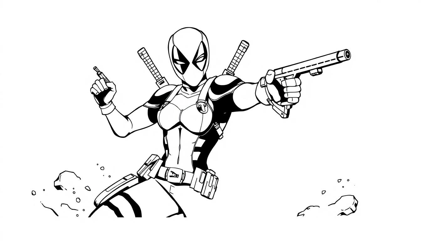 Kleurplaat van een superheld met masker, zwaarden op de rug, pistool in de hand, klaar voor actie.