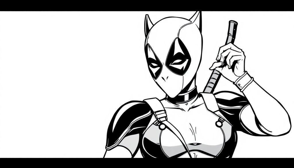 Kleurplaat van een stripfiguur met masker, kostuum en katana, leuk voor kinderen.