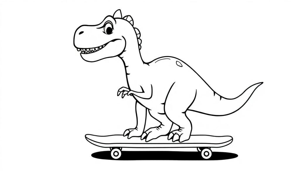 Zwart-wit kleurplaat van een vrolijke dinosaurus op een skateboard voor kinderen
