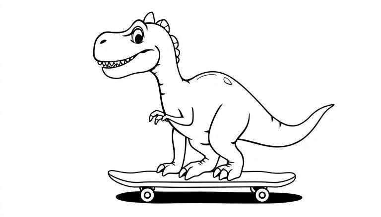 Zwart-wit kleurplaat van een vrolijke dinosaurus op een skateboard voor kinderen