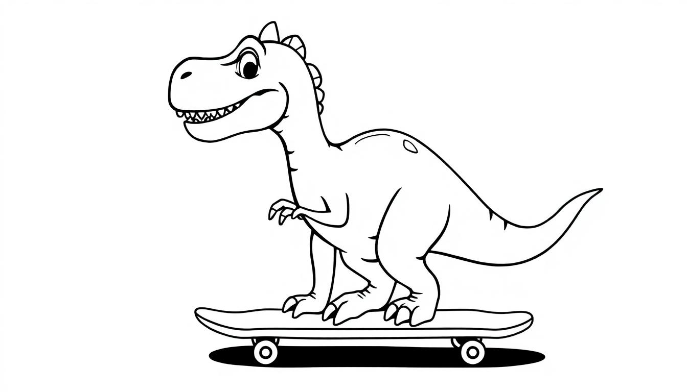 Zwart-wit kleurplaat van een vrolijke dinosaurus op een skateboard voor kinderen
