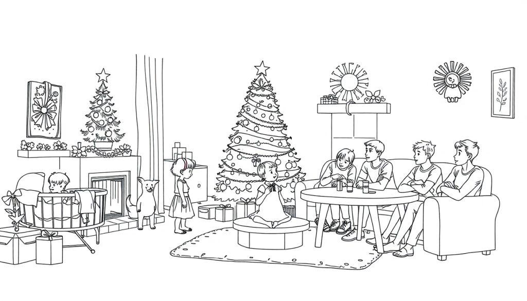 Kleurplaat van een gezellige kerstkamer met familie, kerstboom, cadeautjes, en huisdieren.