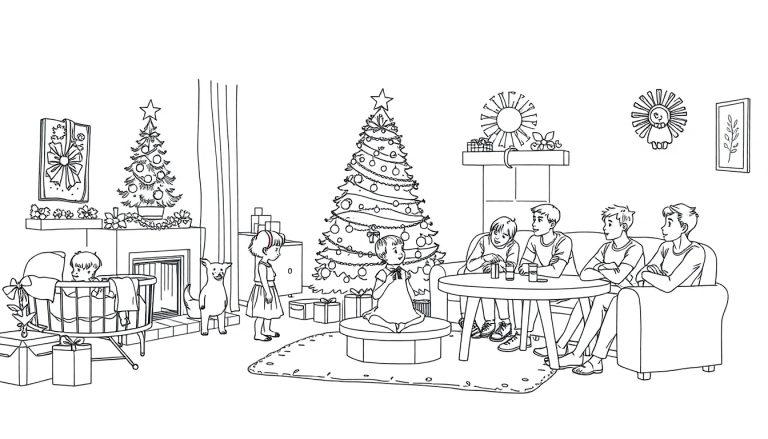 Kleurplaat van een gezellige kerstkamer met familie, kerstboom, cadeautjes, en huisdieren.