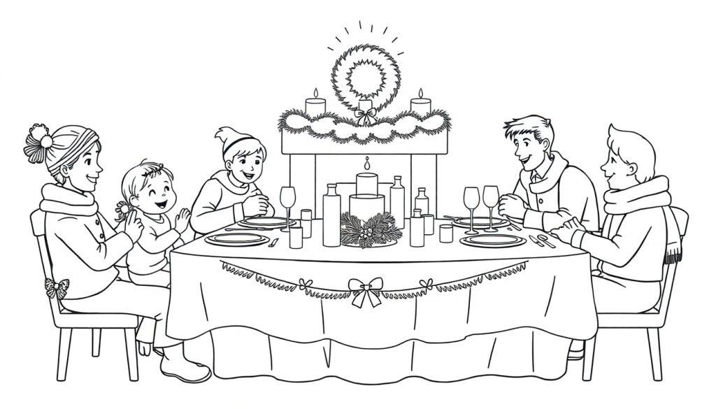 Kleurplaat van een gezellige familie Kerstfeest met vijf mensen rond een feestelijk gedekte tafel, versierd met kaarsen en dennenversiering.