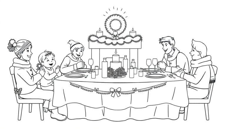 Kleurplaat van een gezellige familie Kerstfeest met vijf mensen rond een feestelijk gedekte tafel, versierd met kaarsen en dennenversiering.