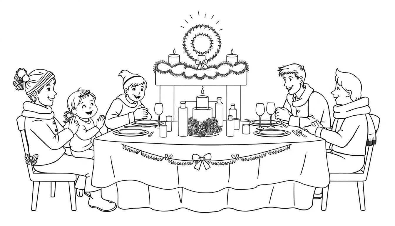 Kleurplaat van een gezellige familie Kerstfeest met vijf mensen rond een feestelijk gedekte tafel, versierd met kaarsen en dennenversiering.