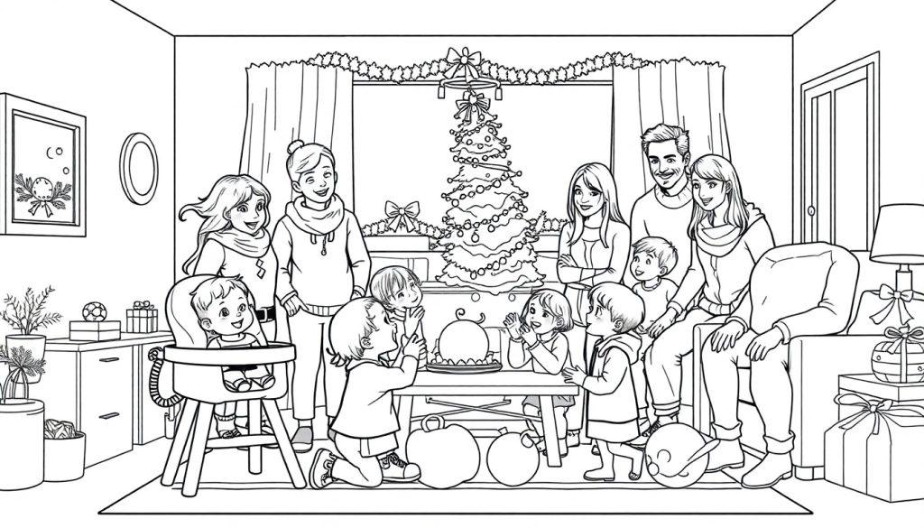 Kleurplaat van een gezellige kerstfeest scene met een grote familie, kerstboom, cadeautjes en kinderen die taart eten.