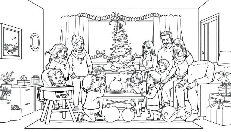 Kleurplaat van een gezellige kerstfeest scene met een grote familie, kerstboom, cadeautjes en kinderen die taart eten.