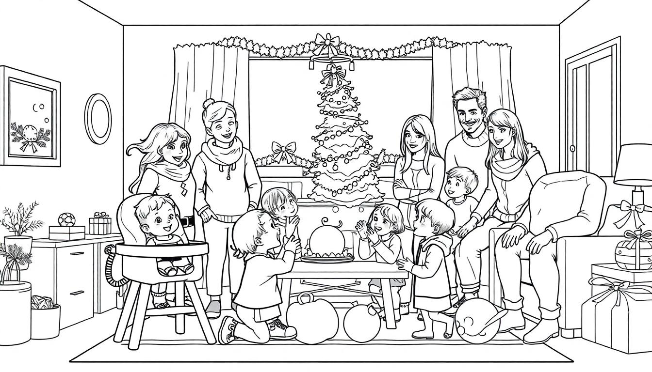 Kleurplaat van een gezellige kerstfeest scene met een grote familie, kerstboom, cadeautjes en kinderen die taart eten.