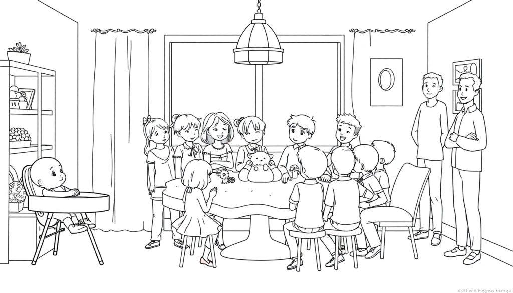 Kleurplaat van een gezellige familiebijeenkomst met veel kinderen en volwassenen rond een tafel in huis.