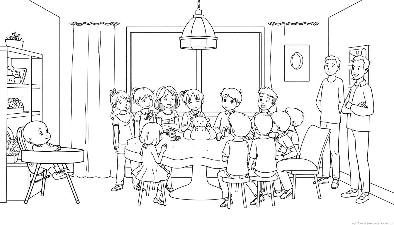 Kleurplaat van een gezellige familiebijeenkomst met veel kinderen en volwassenen rond een tafel in huis.