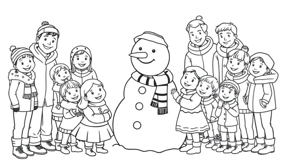 Kleurplaat van een grote familie met een sneeuwpop die samen buiten in de winter staan. Ze lachen en genieten van het winterseizoen.