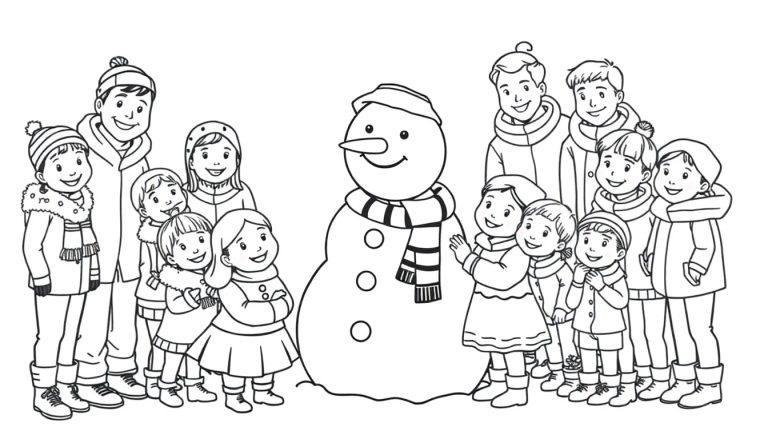 Kleurplaat van een grote familie met een sneeuwpop die samen buiten in de winter staan. Ze lachen en genieten van het winterseizoen.