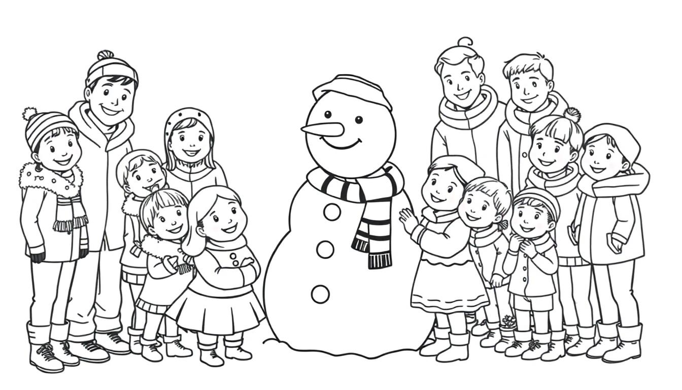 Kleurplaat van een grote familie met een sneeuwpop die samen buiten in de winter staan. Ze lachen en genieten van het winterseizoen.