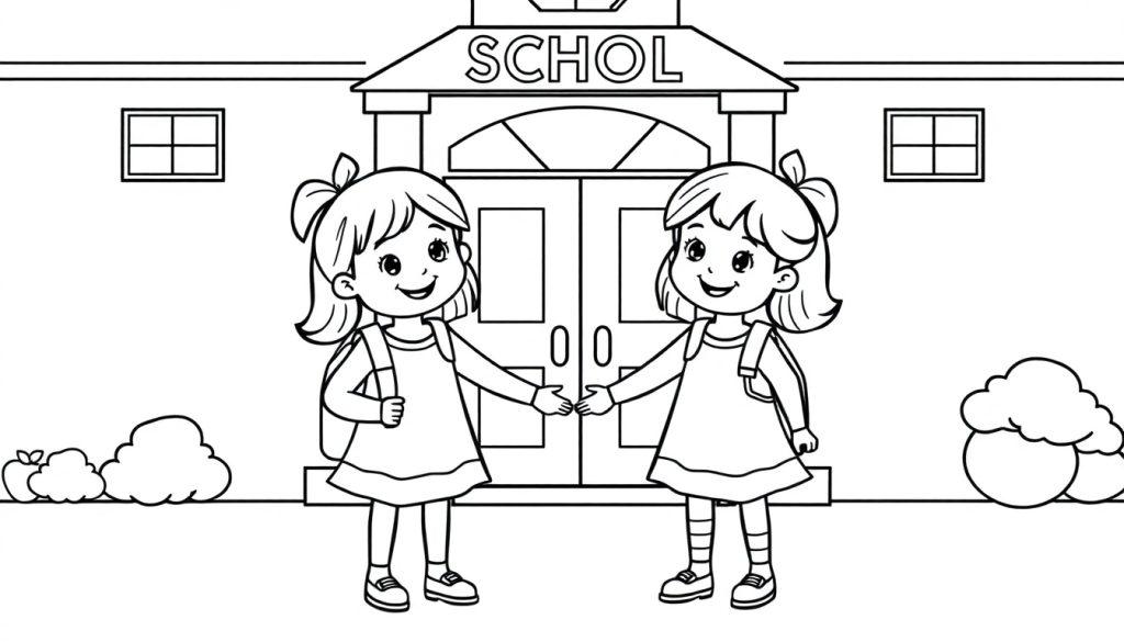 Kleurplaat van twee lachende peuters, een tweelingmeisjes, die elkaar de hand schudden voor een schoolgebouw terwijl ze klaar zijn voor hun eerste schooldag.