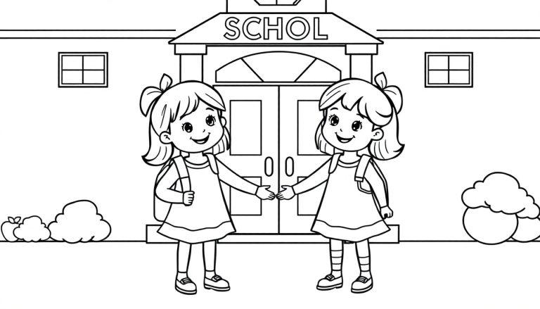 Kleurplaat van twee lachende peuters, een tweelingmeisjes, die elkaar de hand schudden voor een schoolgebouw terwijl ze klaar zijn voor hun eerste schooldag.