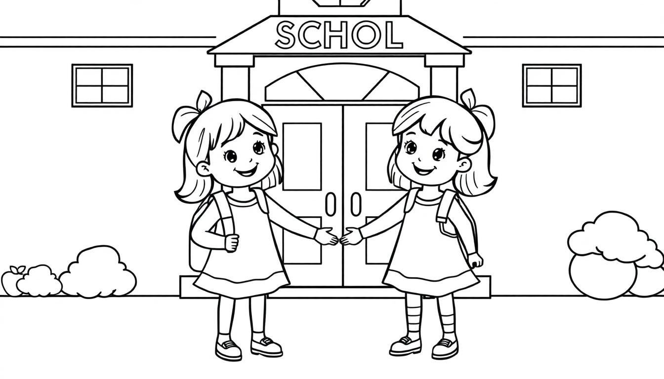 Kleurplaat van twee lachende peuters, een tweelingmeisjes, die elkaar de hand schudden voor een schoolgebouw terwijl ze klaar zijn voor hun eerste schooldag.