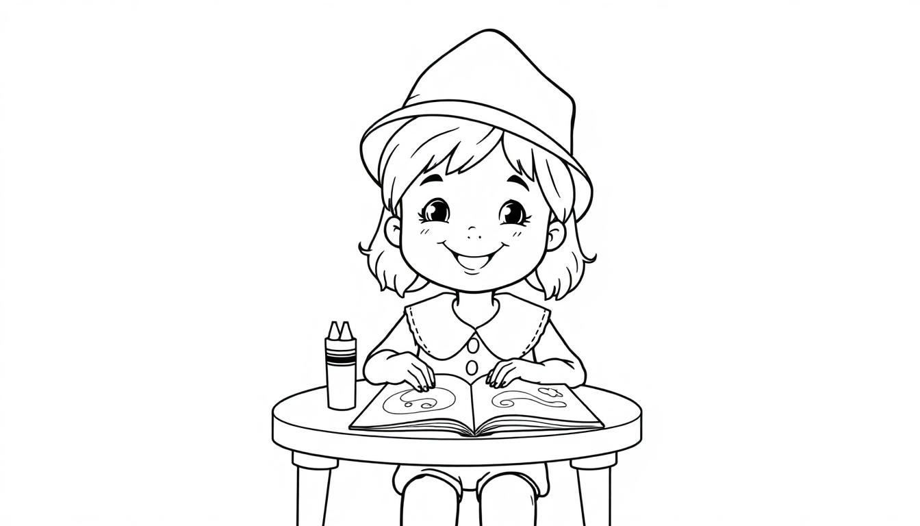 Kleurplaat van een lachend kind met korte haren, hoed, aan een tafel met een open boek en kleurpotloden, geschikt als kleurplaat voor kinderen.
