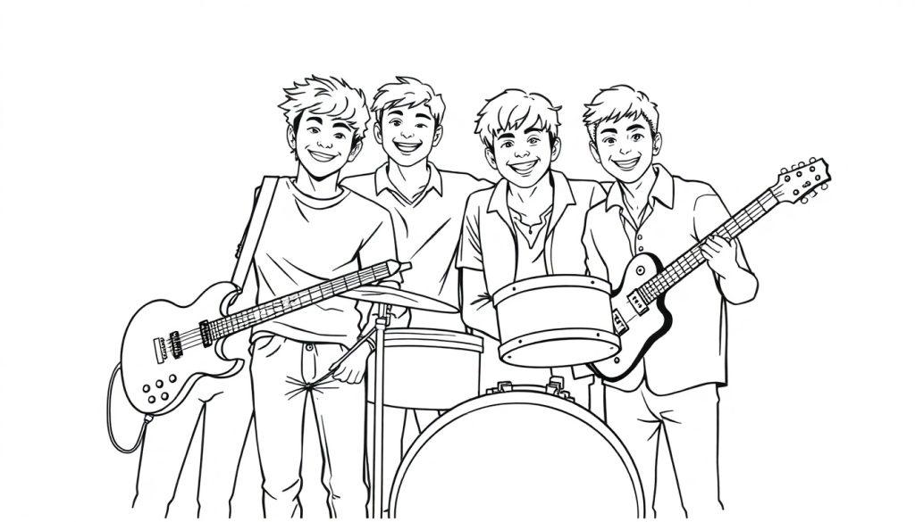 Kleurplaat van een vrolijke boyband met vier jonge muzikanten die lachen en samen met hun instrumenten poseren.